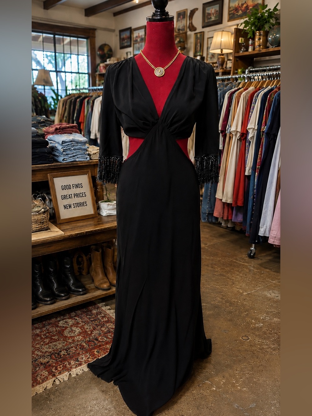 Stella Laguna Beach Black Cutout Maxi Dress with Beaded Sleeves